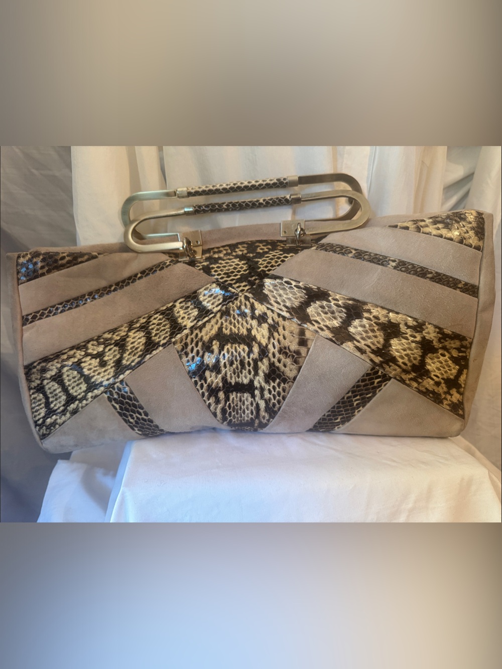 Herve Leger Clutch w Beige Suede,  Leather Stamped Snakeskin and Brass Hardware